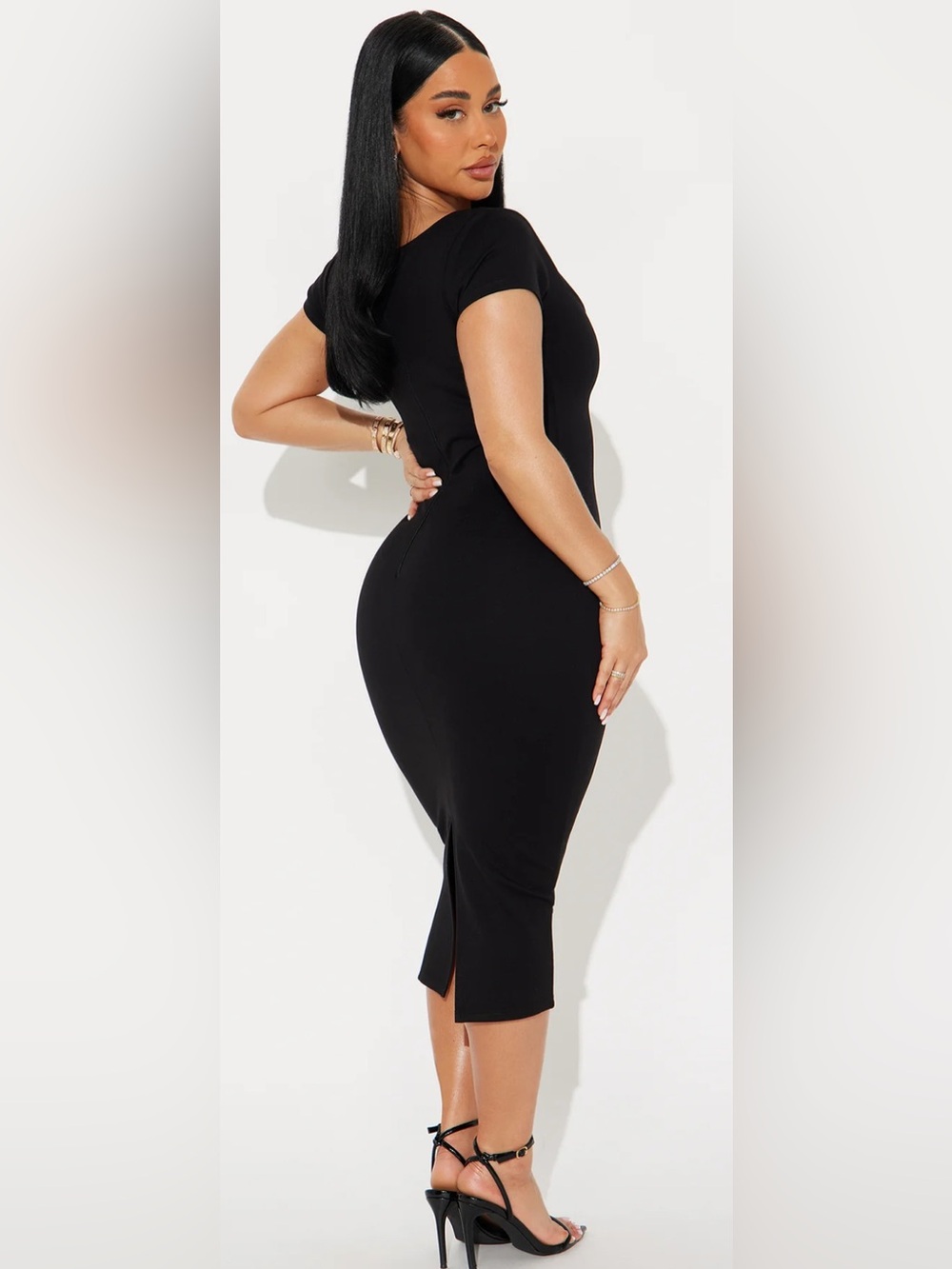 Black Short-Sleeve Bodycon Midi Dress - Sleek Women's Dress - Picture 3 of 6